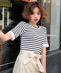 DHOLIC | スリットボーダー半袖ニット(Tシャツ/カットソー)