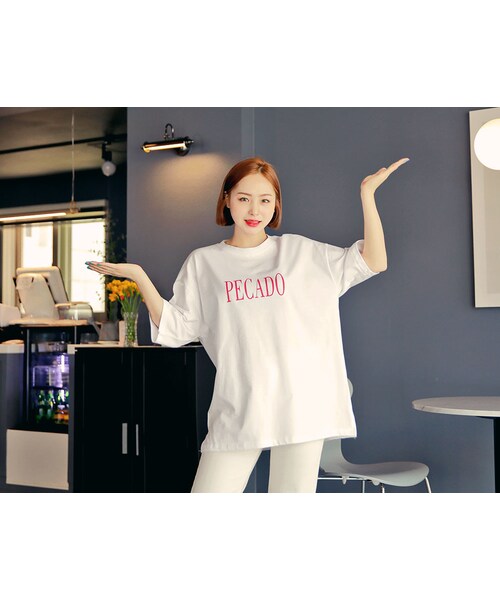 HOTPING（ホッピン）の「フロントレタリングラウンドネックTシャツ（Tシャツ/カットソー・レディース・グレー/ミント/レモン/ホワイト/ブラック・フリーサイズ(XS-XL)）」の2枚目の写真