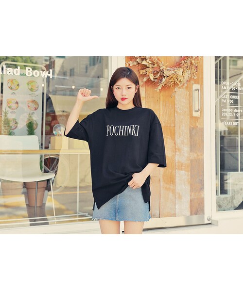 HOTPING（ホッピン）の「フロントレタリングラウンドネックTシャツ（Tシャツ/カットソー・レディース・グレー/ミント/レモン/ホワイト/ブラック・フリーサイズ(XS-XL)）」の3枚目の写真