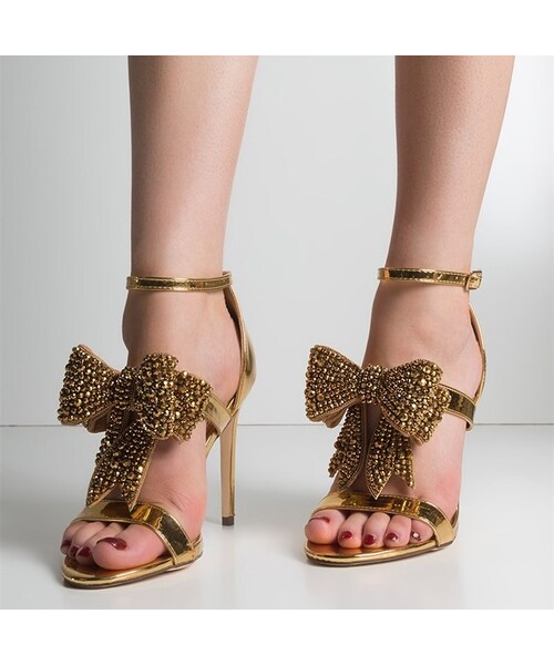 FSJshoes（-）の「金色 蝶々結び ラインストーン サンダル キラキラした靴（サンダル）」 - WEAR