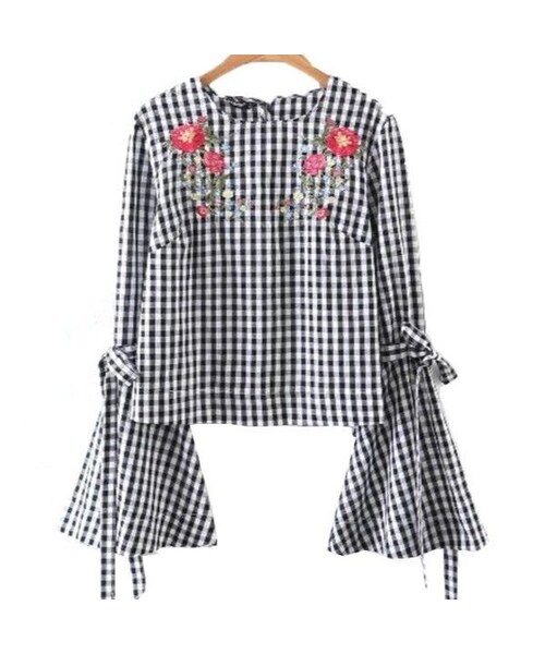 ZARA（ザラ）の「花柄刺繍フレアスリーブブラウス ギンガム