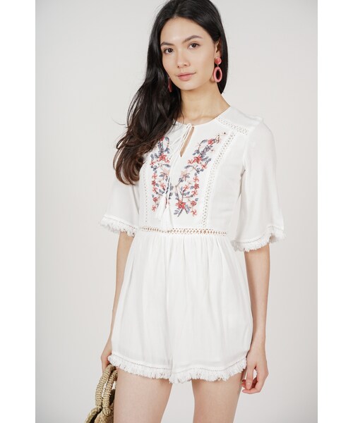 MDS,Janine Embroidered Romper in Ivory 