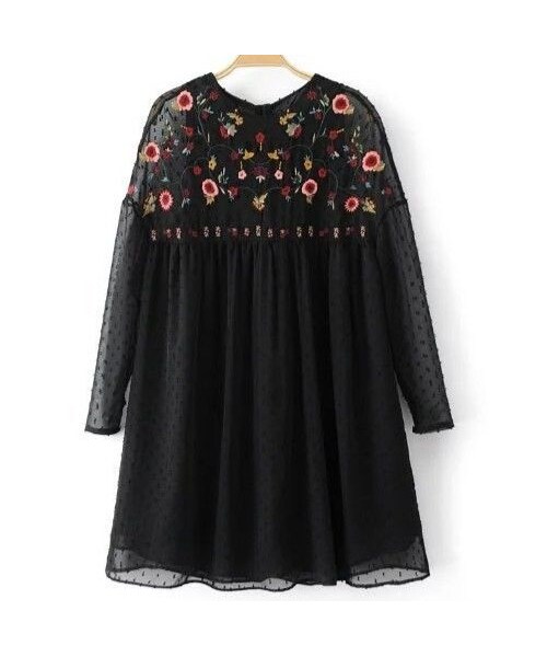 Zara ザラ の 刺繍ドットワンピース 長袖 黒 ワンピース Wear