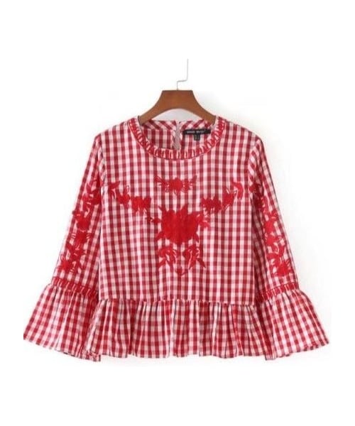 ローズティアラフリル付き赤と白チェックシャツ ZARA（ザラ）の「ギンガムチェック刺繍ブラウス フリル 黒 赤