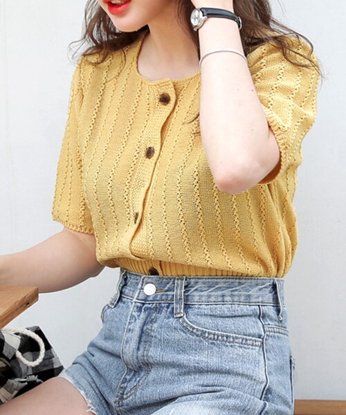 DHOLIC（ディーホリック）の「リブヘム半袖ニットカーディガン（カーディガン/ボレロ・レディース・ブラウン/イエロー/ブルー/その他・FREE）」の3枚目の写真