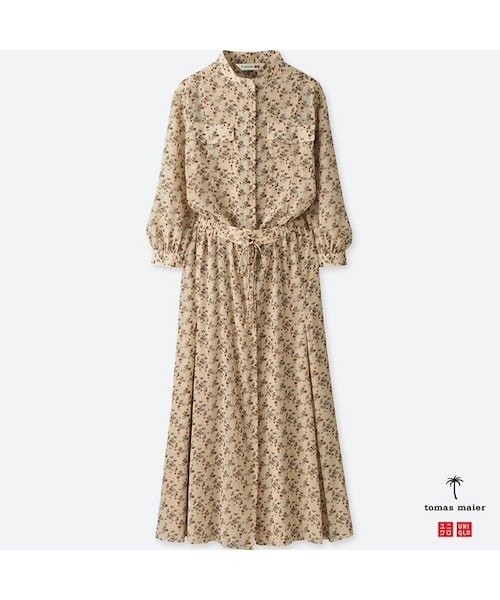 UNIQLO（ユニクロ）の「シフォンプリントワンピース（7分袖）（ワンピース・レディース・BLACK 09/NATURAL 30・XS/L/XL/S/M/XXL）」の2枚目の写真