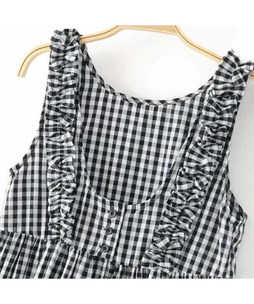 極美品✨レザレクション　ノースリーブシャツ　フリル　ギンガムチェック　紺　S 極美品✨レザレクション ノースリーブシャツ フリル ギンガム