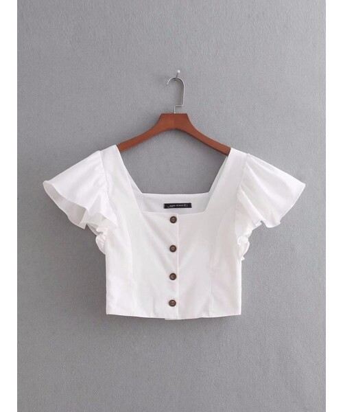 新品☆ZARA ザラ ツイストフリル付きトップス S. White. ZARA（ザラ）の「フリルトップス ショート丈 白 黒（その他