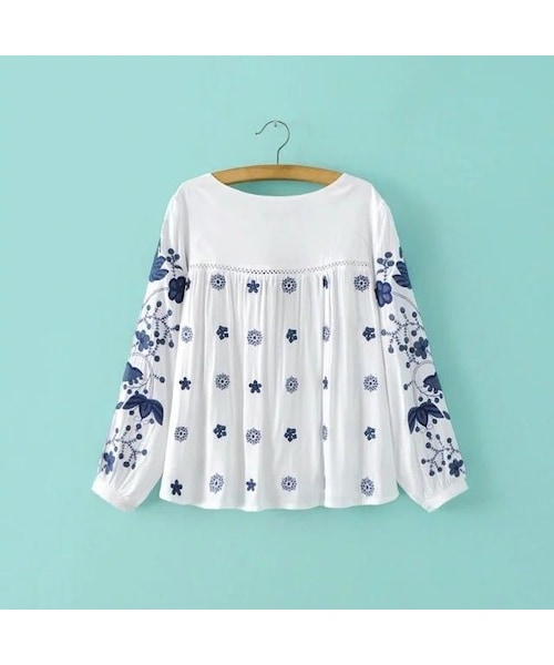 ZARA - ザラ　エスニック刺繍ブラウス　長袖　ブルー×ホワイト　S ZARA（ザラ）の「メキシコ刺繍ブラウス 青 長袖（シャツ