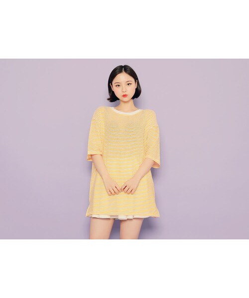 HOTPING（ホッピン）の「細ボーダールーズTシャツ（Tシャツ/カットソー・レディース・ブラウン/オリーブ/ブラック/イエロー/ネイビー・フリーサイズ(XS-XL)	）」の5枚目の写真