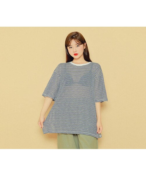 HOTPING（ホッピン）の「細ボーダールーズTシャツ（Tシャツ/カットソー・レディース・ブラウン/オリーブ/ブラック/イエロー/ネイビー・フリーサイズ(XS-XL)	）」の4枚目の写真