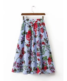 ZARA（ザラ）の「ギンガムチェック花柄ロングスカート リボン