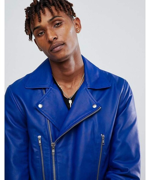 asos（エイソス）の「ASOS Leather Biker Jacket With Belt in Bright 