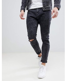Bershka | Bershka Super Skinny Jeans With Ripped Knees In Black Wash(デニムパンツ)