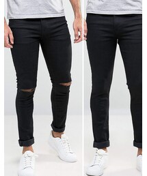 asos | ASOS Super Skinny Jeans 2 Pack In Black & Black With Knee Rips SAVE(デニムパンツ)