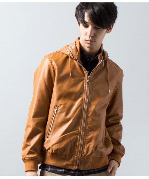 JUNMEN(ジュンメン)の「フェイクレザーフーデットブルゾン JUNMEN(ジュンメン)の「フェイクレザーフーデットブルゾン