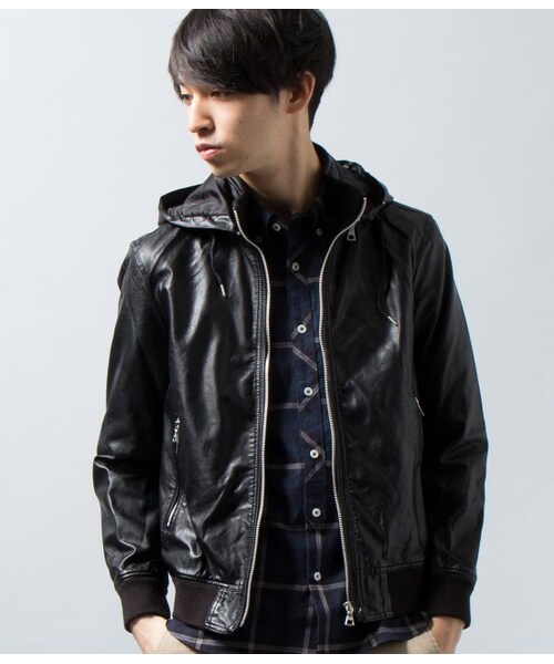 JUNMEN(ジュンメン)の「フェイクレザーフーデットブルゾン JUNMEN(ジュンメン)の「フェイクレザーフーデットブルゾン