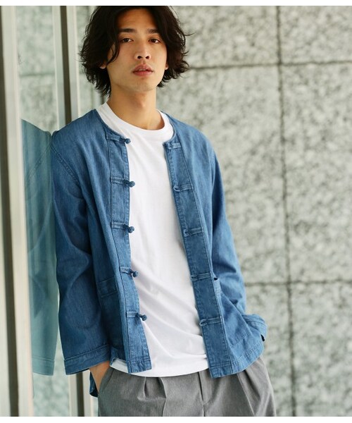 JUNRED デニムシャツ ノーカラー チャイナボタン フロントポケット