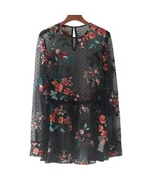ZARA ザラ メッシュ スケスケ　総柄　ブラック　半袖シャツ　刺繍 ZARA ザラ メッシュ スケスケ 総柄 ブラック 半袖シャツ 刺繍