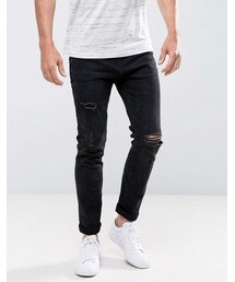 Bershka | Bershka Skinny Jeans With Rips In Black Wash(デニムパンツ)