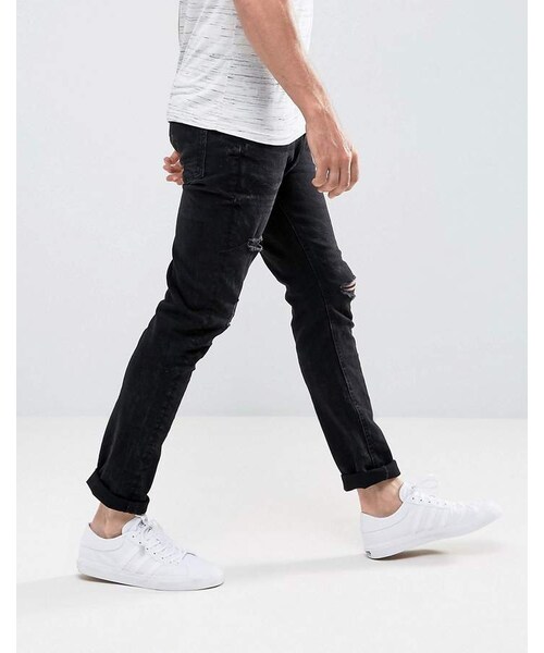 Bershka（ベルシュカ）の「Bershka Skinny Jeans With Rips In Black Wash（デニムパンツ・メンズ・Black・W28 L32）」の3枚目の写真