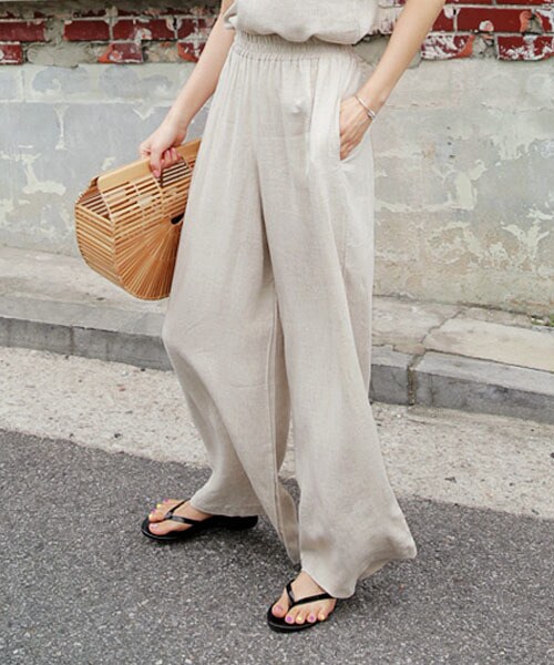 DHOLIC(ディーホリック)の「リネン混フルレングスパンツ(その他パンツ・レディース・ベージュ/ブラック・FREE)」の1枚目の写真