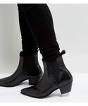 Asos | ASOS DESIGN Wide Fit Stacked Heel Boots In Black Leather With Lightening Detail(Boots)