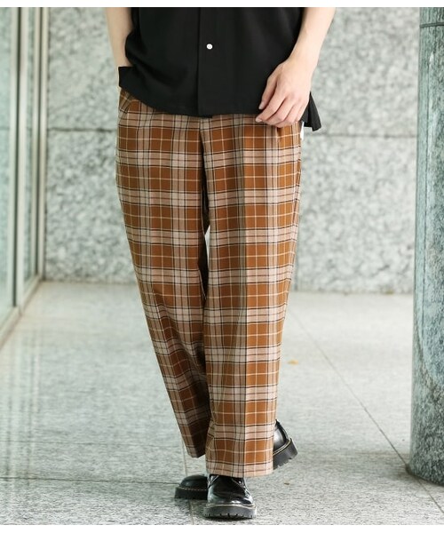 JUNRED(ジュンレッド)の「タータンチェックインボックスワイドパンツ(パンツ・メンズ・ネイビー系2/キャメル・S/M/L)」の1枚目の写真