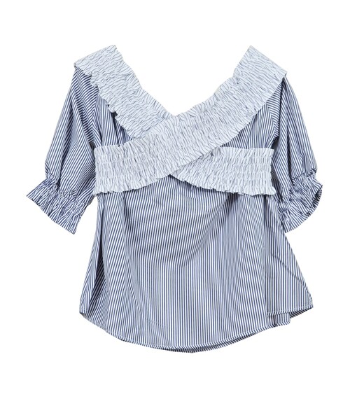 STYLEBLOCK（スタイルブロック）の「染めストライプ切替シャーリングオフショルブラウス（シャツ/ブラウス・レディース・サックスブルー/ブルー/ネイビー・M）」の3枚目の写真