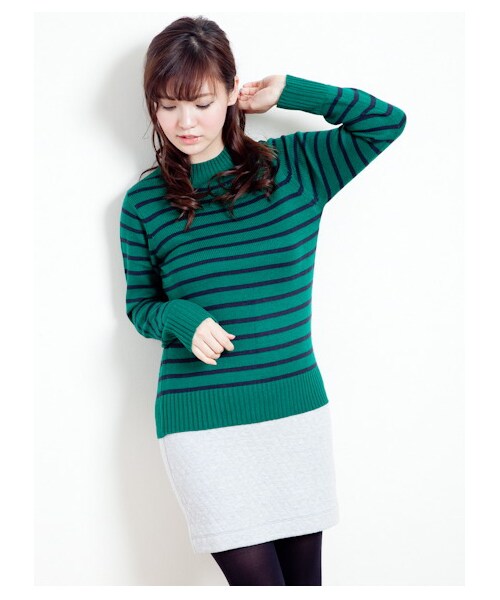SEVENDAYS=SUNDAY(セブンデイズサンデイ)の「ハイネックボーダーニット(ニット・セーター・レディース・グリーン/ネイビー/ボルドー/アイボリー・L/M)」の2枚目の写真