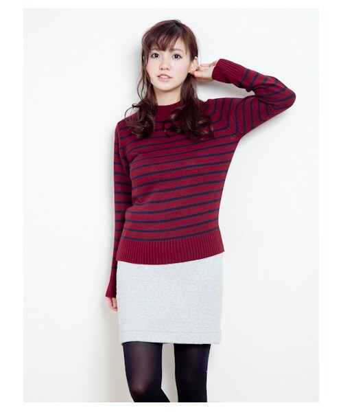 SEVENDAYS=SUNDAY(セブンデイズサンデイ)の「ハイネックボーダーニット(ニット・セーター・レディース・グリーン/ネイビー/ボルドー/アイボリー・L/M)」の4枚目の写真