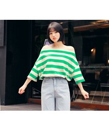 HOTPING | バイカラーボーダーオフショルダーTシャツ(Tシャツ/カットソー)