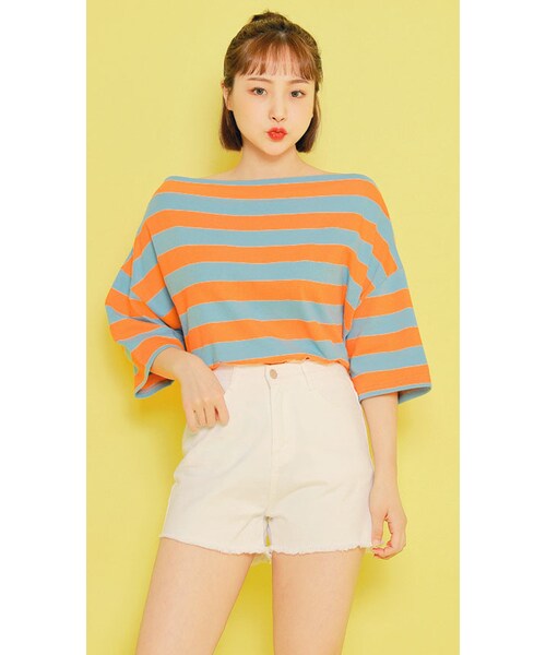 HOTPING（ホッピン）の「バイカラーボーダーオフショルダーTシャツ（Tシャツ/カットソー・レディース・グリーン/オレンジ/ブラック/イエロー・フリーサイズ(XS-XL)	）」の4枚目の写真