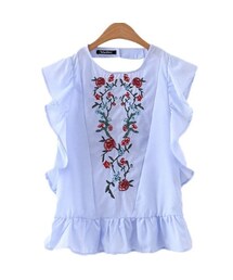 新品☆ZARA ザラ 刺繍入りブラウス トップス blue 新品 ZARA ザラ 刺繍ブラウス ブルー ボレロ コットンリネン