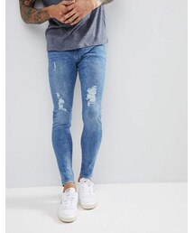 Bershka | Bershka Super Skinny Jeans With Rips In Mid Blue(デニムパンツ)