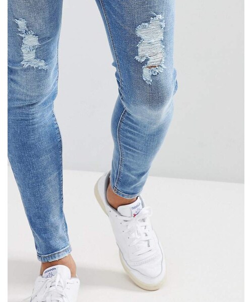 Bershka（ベルシュカ）の「Bershka Super Skinny Jeans With Rips In Mid Blue（デニムパンツ・メンズ・Blue・W32 L32）」の2枚目の写真