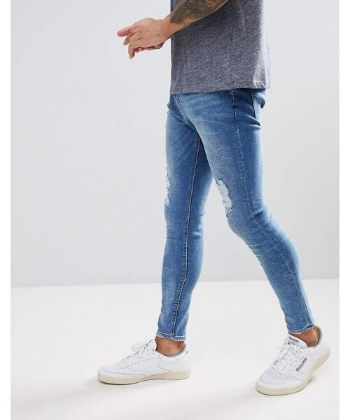 Bershka（ベルシュカ）の「Bershka Super Skinny Jeans With Rips In Mid Blue（デニムパンツ・メンズ・Blue・W32 L32）」の4枚目の写真