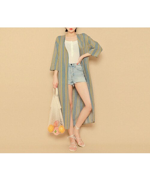 HOTPING（ホッピン）の「バイカラーストライプロングガウン（その他アウター・レディース・ネイビー/カーキ・1(フリーサイズ)/2(L-XL)）」の2枚目の写真