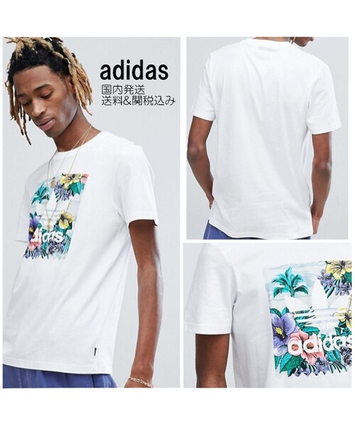 Adidas アディダス の 送料無料 Adidas アディダス 花 柄 ロゴ Tシャツ 白 Tシャツ カットソー Wear