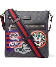 GUCCI | Gucci Leather-Trimmed Appliquéd Monogrammed Coated-Canvas Messenger Bag(メッセンジャーバッグ)