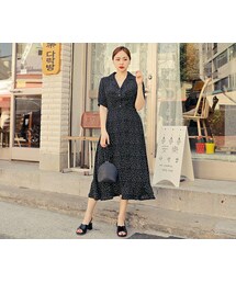 HOTPING | フロントボタンオープンカラードットワンピース(ワンピース)