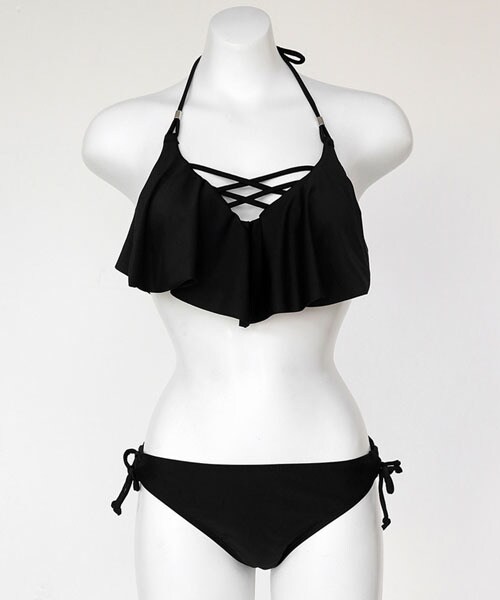 DHOLIC（ディーホリック）の「ソリッドホルターネックラッフルビキニ（水着・レディース・パープル/イエロー/ブラック/グリーン/レッド・S/M）」の2枚目の写真