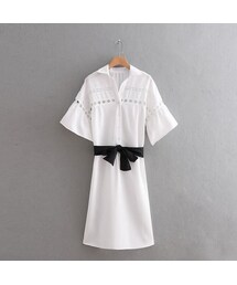 ZARA（ザラ）の「ベルト付きシャツワンピース 白 タイベルト付き