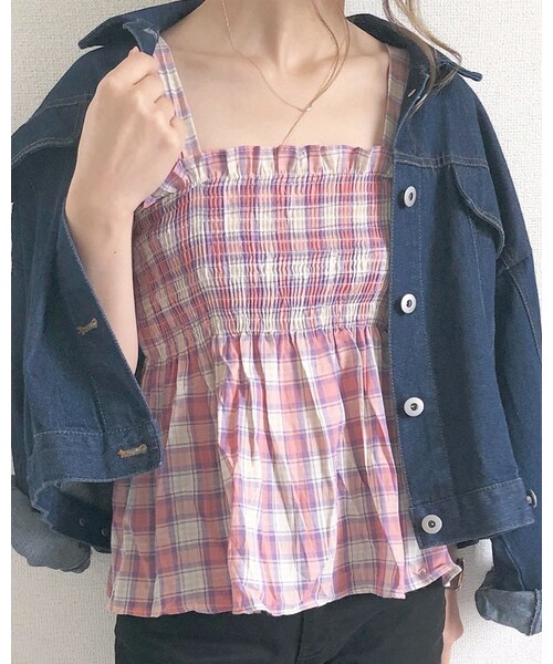chocomee（チョコミー）の「チェックキャミ（キャミソール・レディース・グリーン/ブルー/ピンク・フリー）」の3枚目の写真