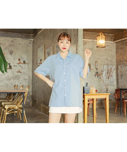 HOTPING（ホッピン）の「ワンポケットストライプシャツ（シャツ/ブラウス・レディース・ブラック/マスタード/グリーン/スカイ/ネイビー/ベージュ/ホワイト/ピンク・フリーサイズ(XS-XL)	）」の5枚目の写真