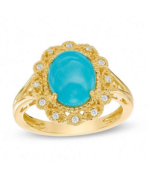 Zales（ゼールズ）の「Zales Oval Turquoise and Diamond Accent Scallop Frame Ring