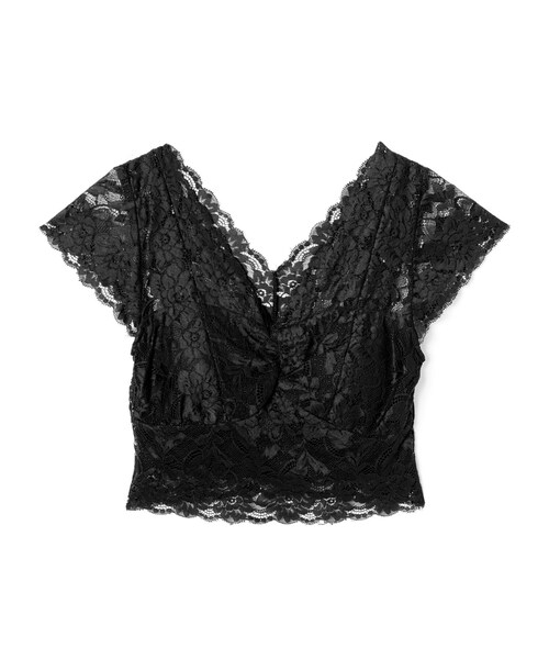 GRL(グレイル)の「カップ入りレースクロップドVネックトップス(Tシャツ/カットソー・レディース・オフホワイト/ブラック・M)」の2枚目の写真