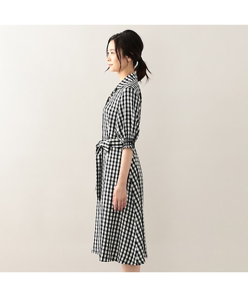 【 】ギンガムチェック★上品クラシックシャツドレス ワイシャツ ギンガムチェック ネイビー ジャカード LOUIS