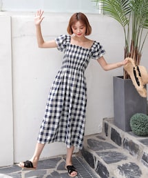 DHOLIC | シャーリングチェックオフショルワンピース(ワンピース)