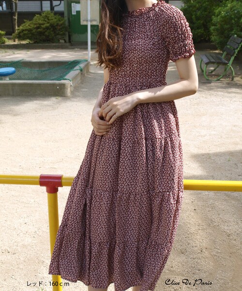 paravion（パラビオン）の「K/小花柄シャーリングティアードワンピース（ワンピース/ドレス・レディース・ブラック/ネイビー/レッド・ONE）」の3枚目の写真